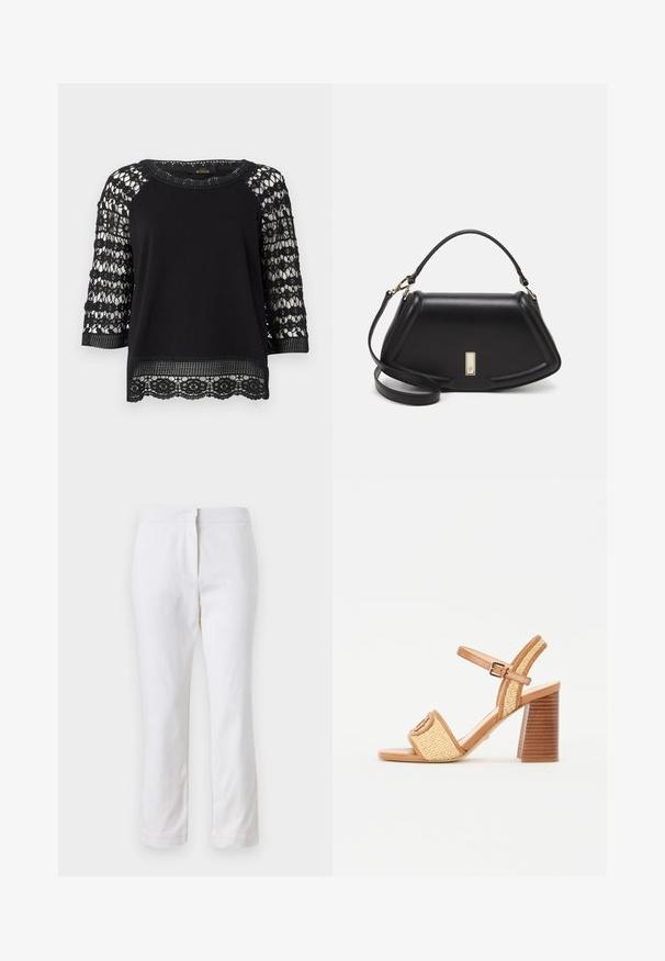 Fekete felső, háromnegyedes csipkeujjakkal, virágmintával. Sima test, bordás nyakkivágás és csipke díszítés az alján.; Fehér pamut nadrág egyenes lábformával, közepes derékkal, látható fémrészek vagy minták nélkül. Sima textúra az egész anyagon.; Barna bőr és szőtt szalma magassarkú szandál, bokapánttal, nyitott orral és vastag, fára hasonlító sarokkal, vízszintes csíkokkal.; Fekete bőr kézitáska, strukturált dizájnnal, rövidített formával, felső fogantyúval és arany színű kiegészítőkkel. Állítható vállpánt is tartozik hozzá.