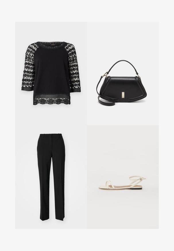 Svart topp med trekvart lange blonderermer, med blomsterdesign. Glatt kropp, ribbet hals, og blondekantdetaljer.; Sorte skreddersydde bukser med rett silhuett, med en glatt tekstur og klare pressede bretter foran. Ingen synlig maskinvare.; Flate sandaler i kremfarget skinn med tynne kryssremmer, ankelsremsbånd med spenne, minimalistisk design og en kontrasterende svart såle.; Sort lærveske med en strukturert design, som har en avkortet form, topphåndtak og detaljer i gull. Justerbar skulderstropp inkludert.