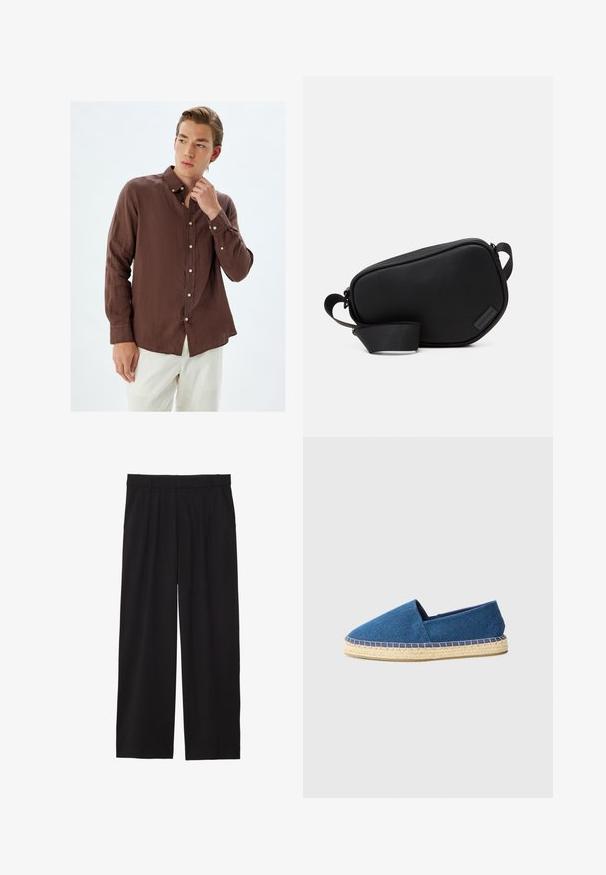 Braune Leinenhemd mit Knöpfen, langen Ärmeln, subtiler Textur, spitzem Kragen und weißen Knöpfen, kombiniert mit hellen Hosen.; Schwarze, weite Hose mit gefälteltem Vorderteil, seitlichen Taschen und einer glatten Stoffstruktur. Entworfen für eine entspannte Passform.; Blaue Leinensandale mit geschlossenem Zeh, Jutesohle und genähtem Rand. Glatte Stoffoberfläche und flaches Design.; Schwarze, mit Reißverschluss ausgestattete Umhängetasche aus glattem Material, mit flacher Form, einem einzelnen Riemen und einem kleinen Logo-Detail. Minimalistisches Design.