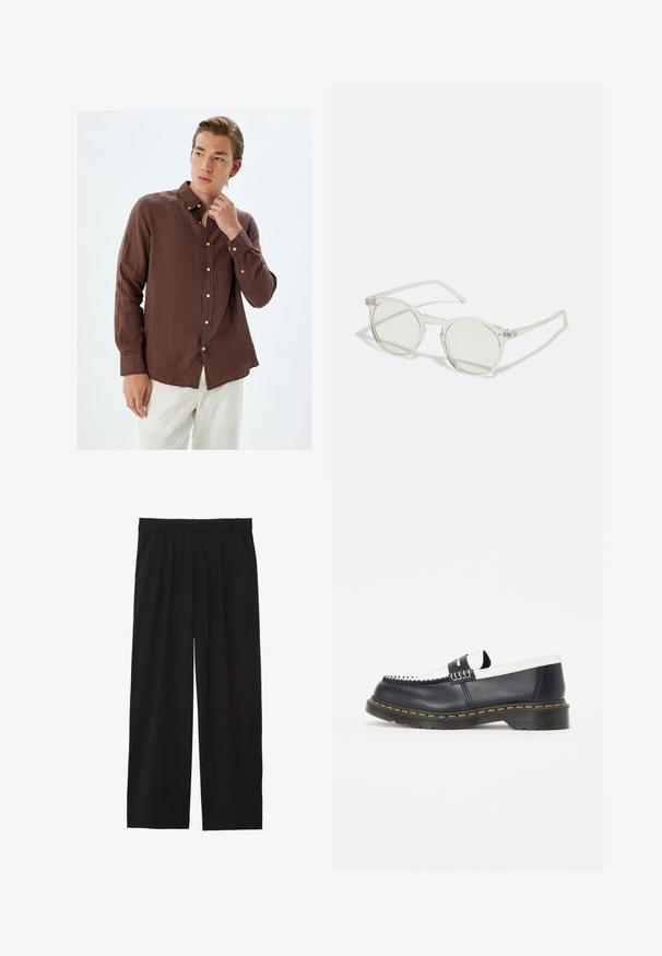 Brun linned skjorte med knapper og lange ærmer, subtil tekstur, spids krave og hvide knapper, parret med lyse bukser.; Sorte brede bukser med en plisseret front, sidelommer og en glat stoftekstur. Designet til en afslappet pasform.; Sorte læder slip-on sko med en hvid læderdetalje. Har dekorativ syning og en gummisål med gul kant. Rund tå design.; Runde solbriller med en transparent stel, lysegrønne linser og tynde, klare stænger. Har subtile hardware-detaljer på stellet.