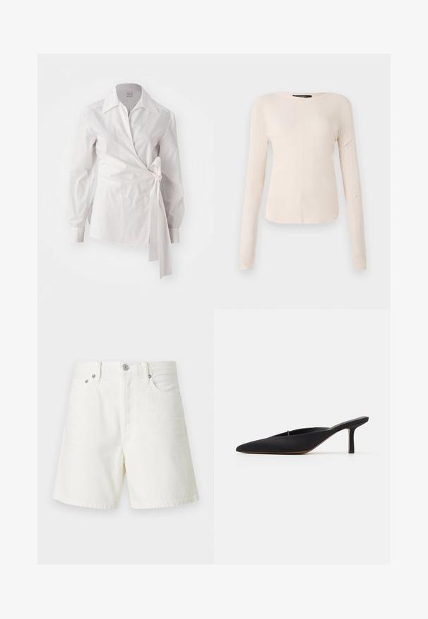 Weiße langärmelige Wickelbluse mit klassischem Kragen und seitlichem Knoten-Detail auf einem einfachen Hintergrund.; Langärmliges, hellbeiges Oberteil mit rundem Ausschnitt. Aus weichem Stoff gefertigt, verfügt es über eine zentrale Naht und einen leicht geschwungenen Saum. Keine sichtbaren Beschläge.; Weiße Jeansshorts mit geradem Schnitt, Fünf-Taschen-Design, vorderem Knopfverschluss, silberner Hardware und genähten Details.; Schwarze spitz zulaufende Mule mit einem eleganten Design, aus glattem Material gefertigt, verfügt über einen schmalen Absatz und eine offene Ferse für ein einfaches An- und Ausziehen.