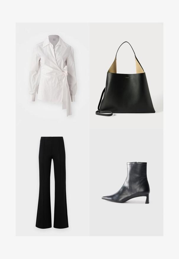 Blusa bianca a maniche lunghe, avvolgente, con colletto classico e un dettaglio a nodo laterale su uno sfondo semplice.; Pantaloni neri a zampa d'elefante con vita alta, realizzati in tessuto elastico. Presentano dettagli di cucitura verticale nella parte anteriore e una texture liscia.; Stivaletto in pelle nera con punta affusolata e design elegante. Presenta un tacco basso e una chiusura con zip sul retro. Texture liscia.; Borsa tote in pelle nera con un design spazioso e angolare. Presenta un interno in contrasto di color cammello e una sottile tracolla. Branding minimalista visibile.