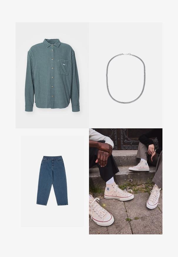 Obey Clothing BIGWIG BARRY - Skjorta - cilantro multi; Blå denimjeans med avslappnad passform, hög medium, femficksdesign och sömnadsdetaljer. Har knapp- och dragkedjestängning.; Höga beige kanvas sneakers med röd rand, vit gummisula och metallhål, som har den ikoniska stjärnlogotypen på sidan.; Silver metallkedja med tjocka, sammanlänkade länkar, polerad yta och ett litet lås med varumärkesdetalj.