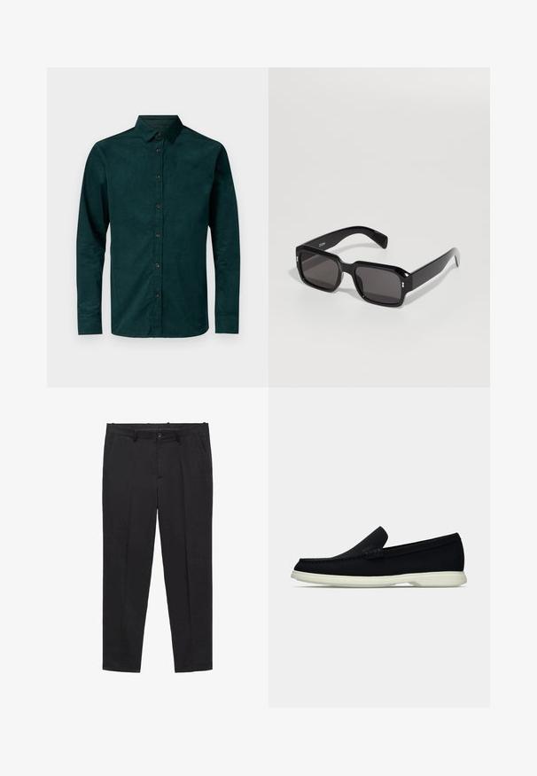 Bruuns Bazaar - Koszula; Czarne dopasowane spodnie wykonane z gładkiego materiału, z płaskim przodem, szlufkami na pasek i kieszeniami bocznymi. Prosty krój nogawek.; Czarny pantofel wsuwany z okrągłym noskiem, charakteryzujący się teksturowanym wierzchem, gładką białą podeszwą oraz subtelnym detalem z logo po boku.; Czarne prostokątne okulary przeciwsłoneczne z ciemnymi soczewkami, błyszczącą plastikową oprawą, wyraźnymi krawędziami i małymi metalowymi akcentami po bokach.