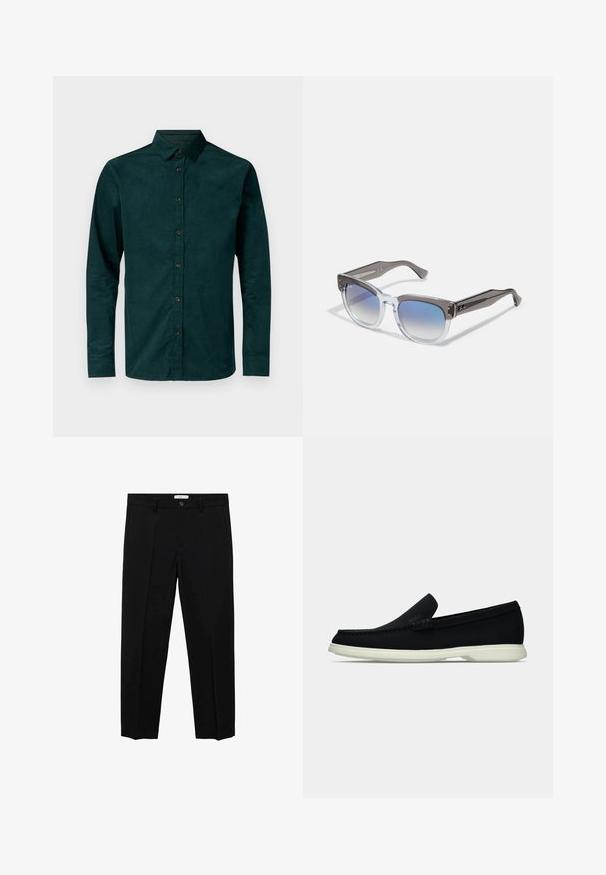 Bruuns Bazaar CORDBBSTOKED SHIRT - Cămașă - dark green; Pantaloni negri, croiți pe linie dreaptă, cu închidere cu un singur nasture, bucle pentru curea și pliuri frontale. Fabricati dintr-un material neted.; Pantof negri slip-on cu vârf rotunjit, având un superior texturat, o talpă albă netedă și un detaliu de branding subtil pe lateral.; Ochelari de soare cu ramă gri și transparentă, formă pătrată, lentile gradient albastre și accente metalice pe brațele ochelarilor. Material ușor.