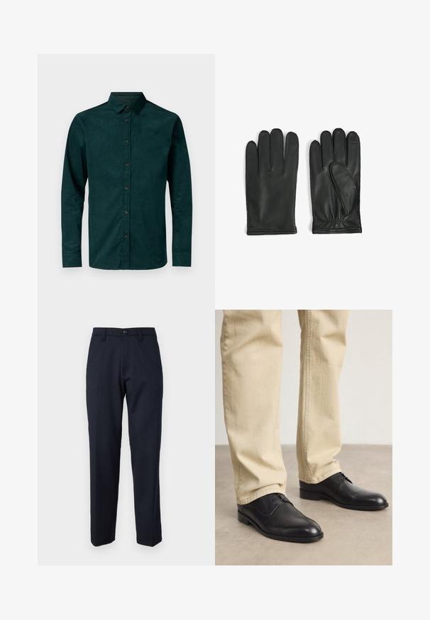 Bruuns Bazaar CORDBBSTOKED SHIRT - Krekls - dark green; Jūras zila bikses, kas izgatavotas no gludas auduma, ar priekšējo pogu, taisnu kāju dizainu un sānu kabatām. Nav redzamu rakstu vai rotājumu.; Melnas ādas kurpes ar auklēm, ar noapaļotu degunu, gludu apdari un smalkiem šuvēm, valkātas ar gaiši bežām biksēm.; Melnas ādas cimdi ar gludu tekstūru, piecu pirkstu dizains un elastīga aproce drošai pieguļošanai. Minimalistisks dizains.