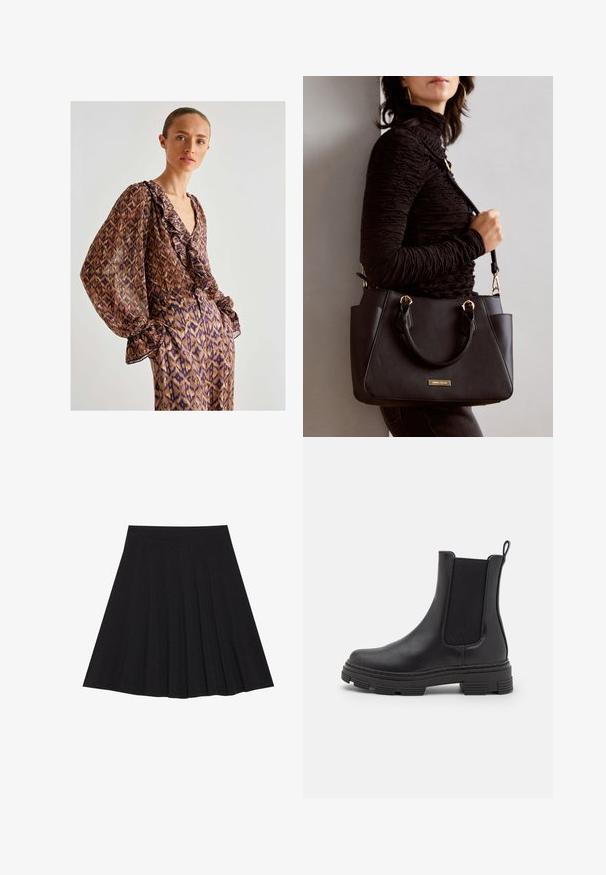 Gennemsigtig brun bluse med lilla og guld abstrakt mønster, flæset halsudskæring og bløde ærmer, parret med matchende bukser med mønster.; Sort plisseret nederdel lavet af struktureret stof med en tætsiddende talje. Faldende til knæ længde og har en glat, ren silhuet.; Sort læder ankelstøvle med elastiske sidepaneler, rund tå og tekstureret gummisål. Har en sløjfe bagpå for nem påtagning.; Sort håndtaske med struktureret overflade, dobbelt topbærere og justerbar skulderrem. Udstyret med guldfarvet metalhardware og sidelommer.