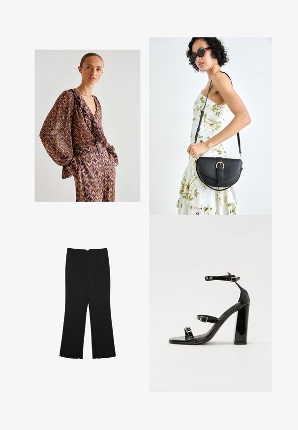 Blouse brune transparente avec un motif abstrait violet et or, décolleté froncé et manches bouffantes, associée à un pantalon à motif assorti.; Pantalon noir avec une coupe droite, doté de poches avant et d'éclairs sur l'ourlet. Fabriqué en tissu doux et lisse. Convient à diverses occasions.; Sandales à talons vernies noires avec un bout carré, des sangles autour de la cheville et des boucles en argent. Dotées d'un talon bloc épais pour plus de stabilité.; Sac à main en cuir noir avec une forme courbée, bandoulière amovible et des accessoires en or. Le sac est doté d'un rabat avec un détail de boucle.