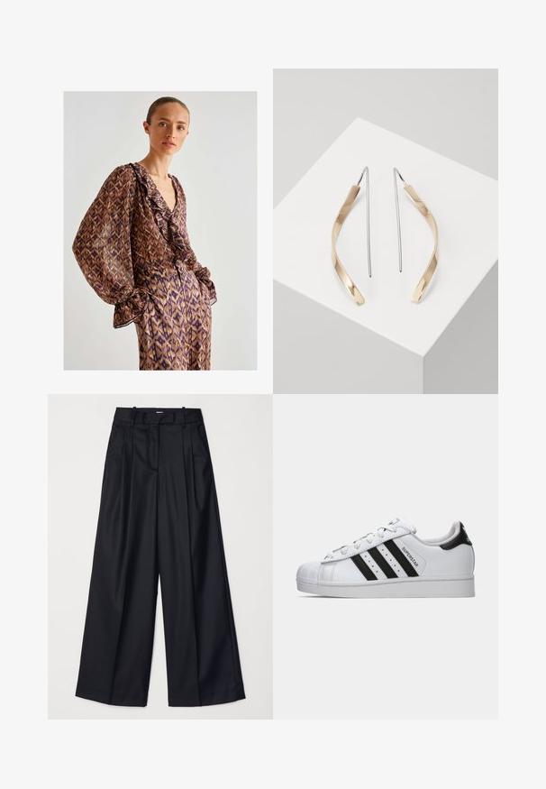 Doorzichtig bruine blouse met abstract paarse en gouden patroon, met een geplooide halslijn en wijd uitlopende mouwen, in combinatie met bijpassende geprinte broeken.; Zwarte wijde broek van soepel materiaal, met een hoge taille, plooien en een getailleerd ontwerp. Eenvoudige zwarte details bij de taille.; Witte Adidas Superstar sneaker met zwarte strepen, schelpneus en de tekst "Superstar" op de zijkant, weergegeven in linkse profiel op een witte achtergrond.; Gouden en zilveren drop oorbellen met een gebogen, langwerpige vorm. Glanzende afwerking met een gladde textuur en een minimalistisch ontwerp.