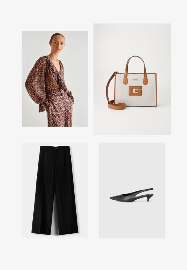 Sheer brown blouse with purple and gold abstract pattern, ruffled neckline, and billowy sleeves, paired with matching patterned trousers.; Black wide-leg trousers made of lightweight fabric, featuring a front button closure and flat front, with neatly stitched hems.; Black pointed toe slingback shoe made of smooth leather. Features a thin heel and a buckle detail on the adjustable strap.; Tan and beige handbag with logo, textured fabric, two handles, and detachable shoulder strap. Features gold lettering and a distinct G emblem.