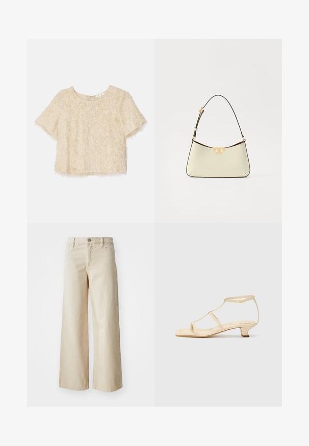 Top corto a maniche corte in beige chiaro, con una texture morbida e un collo rotondo con zip nascosta sul retro.; Jeans beige a gamba larga in denim, con vita alta, chiusura con bottone, passanti per cintura e tasche laterali. Tessuto morbido e vestibilità comoda.; Sandali con tacco color beige, design a T-strap, punta quadrata, cinturino alla caviglia regolabile e tacco basso a blocco. Materiale in pelle liscia.; Borsa in pelle di colore crema con una forma curva. Presenta un accento del logo in tonalità oro e una tracolla sottile e regolabile di colore scuro.