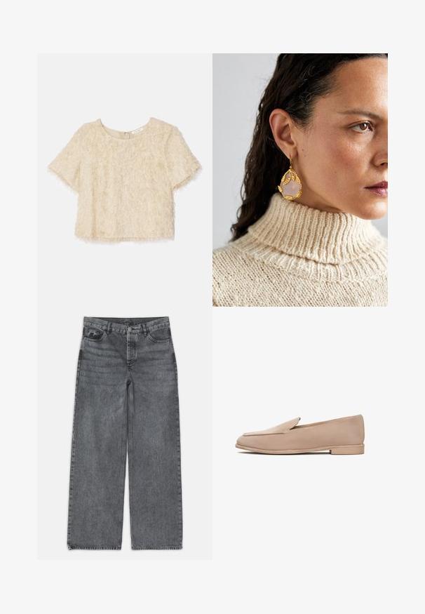 Top corto a maniche corte in beige chiaro, con una texture morbida e un collo rotondo con zip nascosta sul retro.; Jeans a gamba larga in denim grigio scuro. Presentano una vita alta, design a cinque tasche e chiusura anteriore con bottone. Texture liscia con un leggero sbiadimento.; Mocassini in suede beige con tacco basso, punta a mandorla e dettagli cuciti lungo i bordi. Texture liscia e design minimalista.; Orecchini dorati presentano un design a foglia con una pietra di quarzo rosa a forma di goccia. Indossati con un maglione a collo alto a coste color crema.