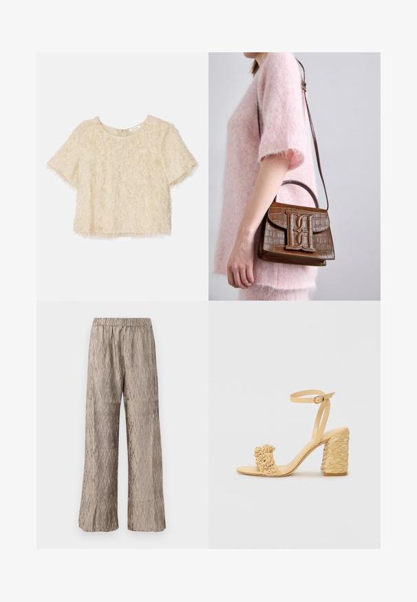 Top corto a maniche corte in beige chiaro, con una texture morbida e un collo rotondo con zip nascosta sul retro.; Pantaloni a gamba larga color marrone chiaro realizzati in un tessuto testurizzato con righe verticali. Presentano un elastico in vita e una finitura liscia.; Sandalo beige con tacco alto e texture intrecciata, dotato di un fiore decorativo e di una cinghia alla caviglia. Il tacco quadrato offre stabilità.; Borsa a mano con effetto coccodrillo marrone, dotata di manico superiore e tracolla. Presenta un logo prominente sulla patta frontale. Texture morbida.