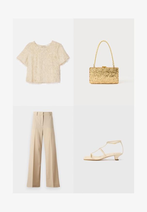 Rövid ujjú, cropped felső világos bézs színben, bolyhos textúrával és rejtett hátsó cipzárral rendelkező, kerek nyakkivágással.; Beige színű, bő szabású nadrág sima anyagból, lapos elejével, redőkkel, cipzáras záródással és övhurkokkal. Összességében testreszabott szabású.; Beige színű sarkú szandál T-pántos dizájnnal, négyzet alakú orral, állítható bokapánttal és alacsony, tömbsarkú kivitelezéssel. Simává dolgozott bőr anyag.; Arany flitteres clutch táska, téglalap alakú, csavart lánckarabinerekkel és fém záródással, mely fényt tükröz a textúrált felületének köszönhetően.