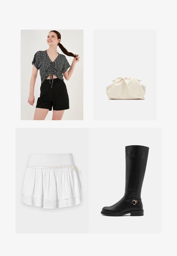 Lyhythihaislakkainen cropped toppi musta-valkoisella kuviolla ja solmittuna edestä, yhdistettynä mustiin shortseihin. Sileä pinta ja rento istuvuus.; Valkoinen kerroksellinen hame, jossa on joustava vyötärö, joka sisältää teksturoidun smokkauksellisen yksityiskohdan ja koristeellisen nauhan. Puuvillakangasta.; Anna Field Wide Fit Saappaat - black; Kermapunah, tas faux leather lembut dengan desain berkerut, tali yang dapat disesuaikan, dan penutupan tali yang halus. Tekstur mulus dan bentuk bulat.