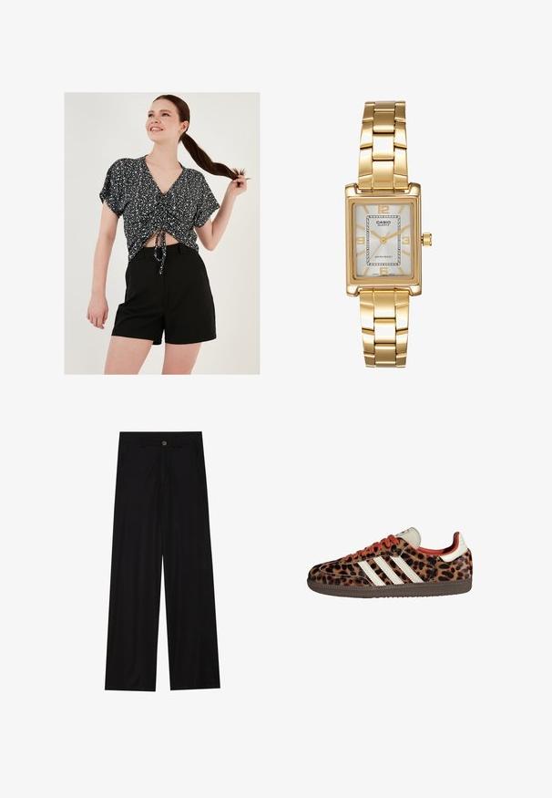 Mustvalge mustriga lühikeste varrukatega lühike topp, mille esises on nööridega seotud osa, koos mustade lühikeste pükstega. Sujuv tekstuur ja mugav lõike.; Laiad mustad püksid, mis on valmistatud siledast kangast, esipoolse taskuga ja nööbkinnitusega vööl. Minimalistlik disain ilma mustriteta.; Leopardi mustriga tossud, valmistatud nubukmaterjalist, punased paelad ja kolm valget triipu külgedel. Omab kreemjat keelt ja pruunist põhja.; Kuldtooni ristkülikukujuline käekell valge puidust näidikuga, hõbedaste tundide markeritega ja vastupidava metallist link-ribaga. Veekindel omadus on kaasas.