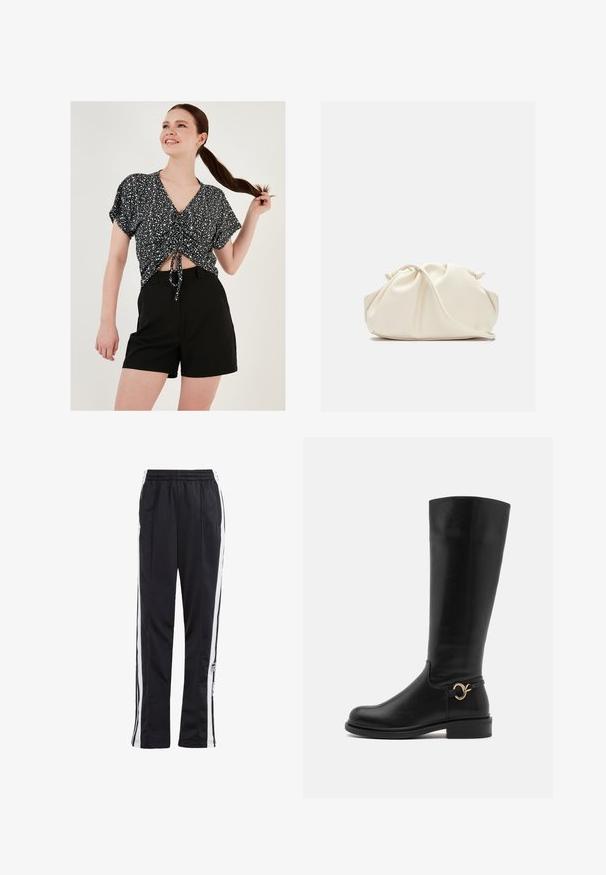 Sort og hvid mønstrede kortærmede cropped top med bindefront, parret med sorte shorts. Glat tekstur og afslappet pasform.; Sorte træningsbukser med hvide sidelister, elastisk talje og et logo-patch. Fremstillet af glat, letvægtsstof. Lige ben design.; Anna Field Wide Fit Høje støvler/ Støvler - black; Cremefarvet, blødt kunstlædertaske med sammenkrøllede detaljer, justerbar rem og diskret snørelukning. Glat overflade og afrundet form.; Sølvdroppøreringe med runde, reflekterende overflader; minimalistisk design med glat tekstur og subtilt brandingdetalje.