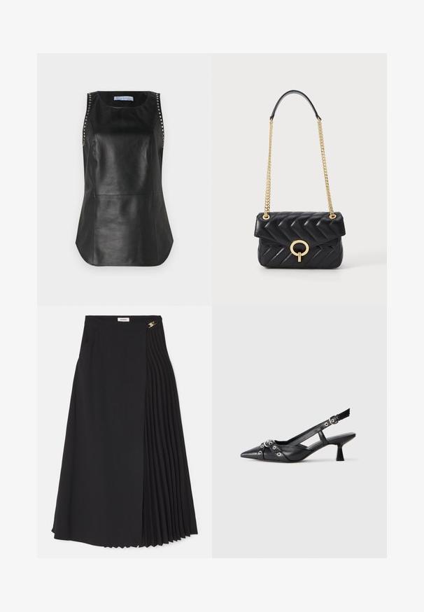Top sin mangas de cuero negro con una textura suave, que presenta tachuelas metálicas en los hombros y un dobladillo redondeado.; Falda midi negra con un diseño plisado en un lado, elaborada en una tela ligera con cremallera oculta y bolsillos laterales.; Zapato de slingback negro de piel con punta afilada, correas decorativas con ojales de metal y un tacón bajo y ancho. Superficie texturizada.; Bolso de mano de cuero negro acolchado con cadena de metal dorada, que presenta un cierre de hardware redondeado en dorado y un cierre tipo solapa. Forma rectangular compacta.