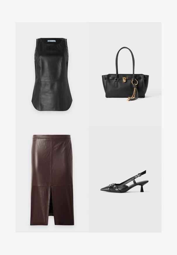 Black leather sleeveless top with a smooth texture, featuring metal studs along the shoulders and a rounded hemline.; Dark brown leather pencil skirt with a front slit, smooth texture, and visible seam details on a white background.; Black leather slingback shoe with a pointed toe, decorative straps featuring metal eyelets, and a low block heel. Textured surface.; Black leather handbag with double handles, gold lock and chain detail, and black-and-white tassel accessory against white background.