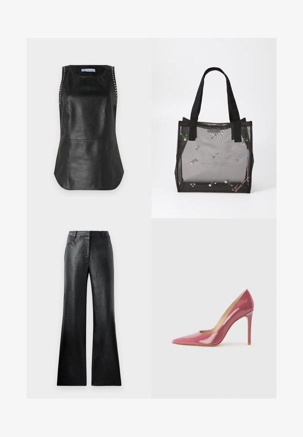 Czarna skórzana top bez rękawów o gładkiej fakturze, z metalowymi ćwiekami wzdłuż ramion i zaokrąglonym dołem.; Czarne skórzane spodnie dzwony o gładkiej teksturze, z dwoma przednimi kieszeniami ozdobionymi czarnymi i brązowymi akcentami w okolicy talii.; Różowe lakierowane szpilki o spiczastym nosku i smukłej sylwetce, z wycięciem i obcasem w stylu stiletto.; Czarna siateczkowa torba na ramię z haftowanymi wzorami kwiatowymi, z solidnymi czarnymi uchwytami i metką z logo z przodu. Przezroczysty materiał.