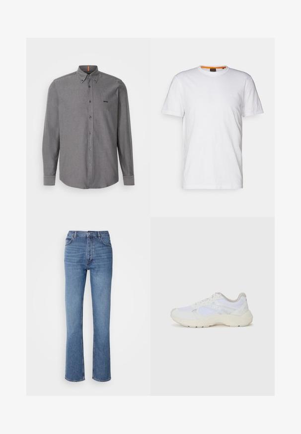 Grijze longsleeve overhemd met knopen, van een katoenmix, met een puntige kraag, een borstzak en een logo op de borst. Heeft een afgeronde zoom en knopenmanchetten.; Witte katoenen T-shirt met ronde hals, korte mouwen en een subtiel reliëflogo op de borst. Het binnenlabel heeft een oranje accent.; Blauwe denim jeans met een hoge taille, een recht pasvorm en subtiele vervaging. Kenmerkt zich door de klassieke vijf-pocketstijl en een ritssluiting.; Witte sportief schoenen van mesh en suede, met een gestructureerde tussenzool, gestructureerde accenten en het "HUGO" logo aan de zijkant.