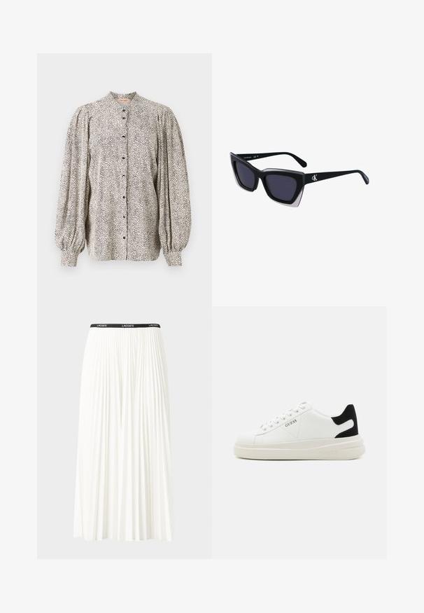 Camicia bottonata, tessuto leggero, bianca con stampa a pois neri, colletto alto, maniche a sbuffo e chiusa con bottoni neri.; Gonna bianca plissettata con elastico nero in vita che presenta il logo "LACOSTE". Design di lunghezza media con texture morbida.; Sneaker bianchi in pelle con suola spessa bianca, accento in suede nero sul tallone e logo impresso sul lato. Design con lacci e sei fori per i lacci.; Occhiali da sole oversize neri dalla forma geometrica, con lenti scure e un dettaglio grigio a contrasto sulla montatura. Logo sul braccio.