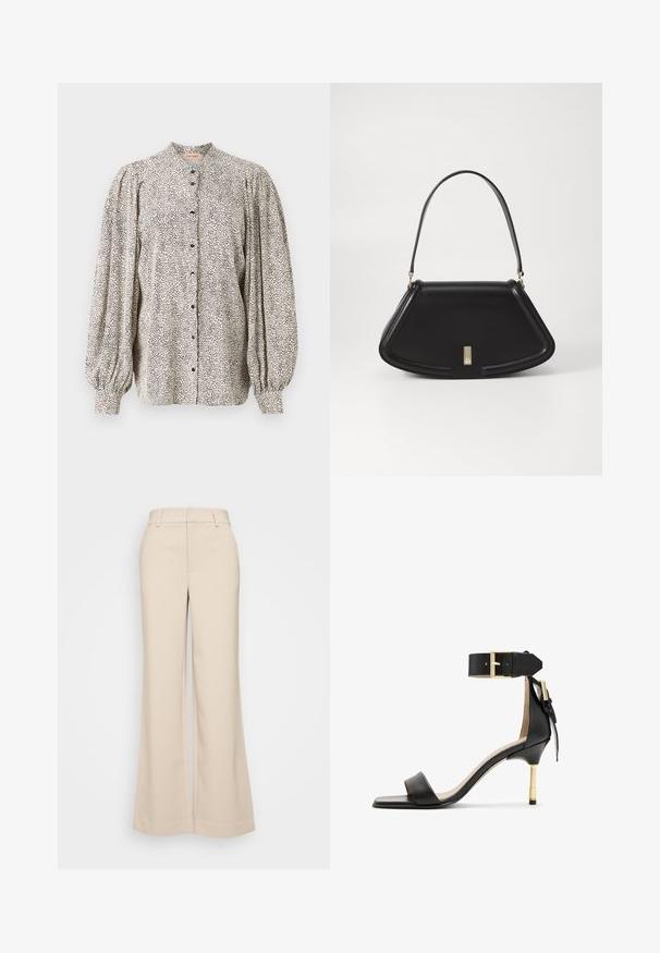 Button-up blouse, lightweight fabric, white with black speckled print, high collar, puffed sleeves, and closed with black buttons.; Beige wide-leg trousers with a smooth texture, featuring a high waistband and two front pockets. Clean design with a tailored fit.; Black leather heeled sandal with a square toe, ankle strap featuring a gold buckle, and a slender metallic heel. Smooth texture, minimalist design.; Black leather handbag with a geometric design, flat base, and a short shoulder strap. Features a small gold-tone hardware detail.
