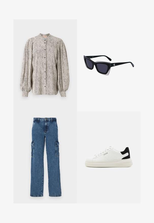 Knappet bluse, letvægtsstof, hvid med sorte prikker, høj krave, puffede ærmer og lukket med sorte knapper.; Blå denim cargo bukser med en afslappet pasform, der har to sidelommer, forstærket syning og et lige ben-design.; Hvide lædersneakers med en tyk hvid sål, sort ruskindhælvægt og prægede logoer på siden. Snørebåndsdesign med seks øjer.; Store sorte oversized solbriller med geometrisk form, med mørke linser og en kontrasterende grå detalje på stellet. Logo på armen.
