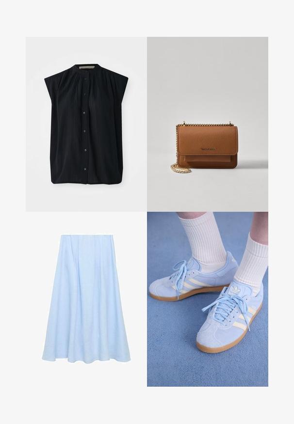 Camicetta nera a maniche corte con colletto alla coreana, caratterizzata da pieghe verticali e chiusura con bottoni sul davanti. Tessuto morbido con una texture liscia.; Una gonna A-line blu chiaro, lunga fino al ginocchio, realizzata in lino, con pieghe e una texture liscia senza motivi o decorazioni.; Sneaker scamosciate azzurro chiaro con strisce bianche, lacci piatti e suola in gomma. Calze bianche a costine indossate sopra la caviglia.; Borsa a tracolla in pelle marrone con texture, dotata di catena dorata e chiusura a pattina. Sul davanti presenta un dettaglio con logo e una tasca sotto la pattina.