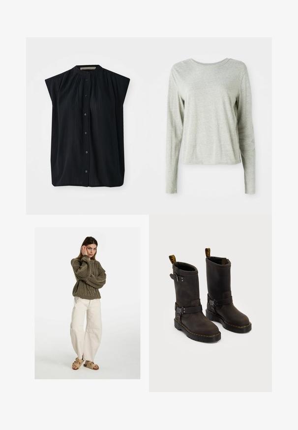 Black short-sleeved shirt with a mandarin collar, featuring vertical pleating and a full button front. Soft fabric with a smooth texture.; Light gray long-sleeve shirt made of soft fabric, featuring a round neckline and a relaxed fit. Seam details along the sides.; Free People GOOD LUCK MID RISE BARREL - Relaxed fit jeans - beige; Dark brown leather boots with a mid-calf design, yellow stitching, adjustable buckle straps, and pull tabs on the top. Textured finish.