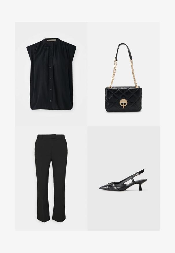 Black short-sleeved shirt with a mandarin collar, featuring vertical pleating and a full button front. Soft fabric with a smooth texture.; Black tailored pants with a straight-leg design, featuring belt loops and side pockets. Made from smooth fabric with a clean finish.; Black leather slingback shoe with a pointed toe, decorative straps featuring metal eyelets, and a low block heel. Textured surface.; Black quilted leather handbag with a gold chain strap, featuring a circular clasp detail. Compact rectangular shape with a smooth texture.