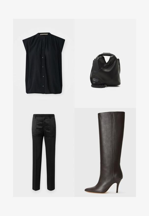 Zwart kortärmig shirt met een mandarinnekraag, met verticale plooien en een volledige knopenlijst. Zachte stof met een gladde textuur.; Zwarte op maat gemaakte broek met rechte pijpen en een tailleband met riemlussen, voorzien van een mix van matte en glanzende stofpanelen.; Zwarte leren kniehoog laars met een spitse neus, strak ontwerp en een dunne hoge hak. Gladde textuur en minimale detaillering.; Zwarte, zachte leren tas met een unieke gedraaide vorm. Voorzien van een korte handgreep en een afneembare schouderriem. Minimalistische stijl.