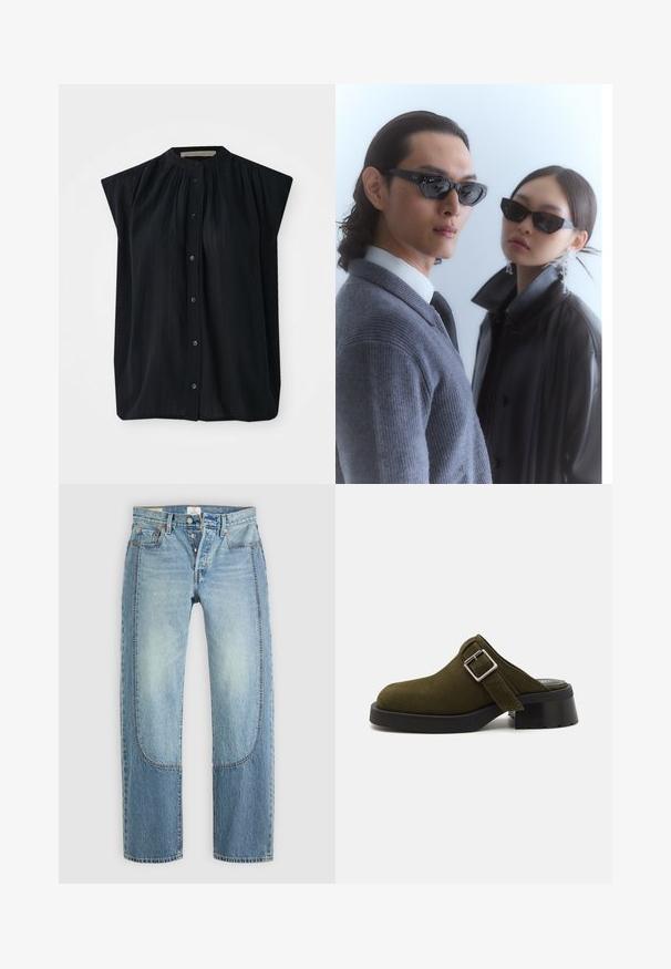 Camicetta nera a maniche corte con colletto alla coreana, caratterizzata da pieghe verticali e chiusura con bottoni sul davanti. Tessuto morbido con una texture liscia.; Jeans in denim azzurro chiaro con una vestibilità dritta e maggiormente ampia, caratterizzati da dettagli di pannelli contrastanti e un design a cinque tasche. Chiusura con bottone.; Mule in suede verde oliva con tacco basso e spesso nero. Presenta una fascia laterale con una fibbia argentata per la regolazione. Texture liscia complessiva.; Occhiali da sole con montatura nera angolare indossati da un modello con un maglione grigio, che mette in mostra un tessuto a maglia testurizzato e una giacca di pelle nera indossata da un altro modello.