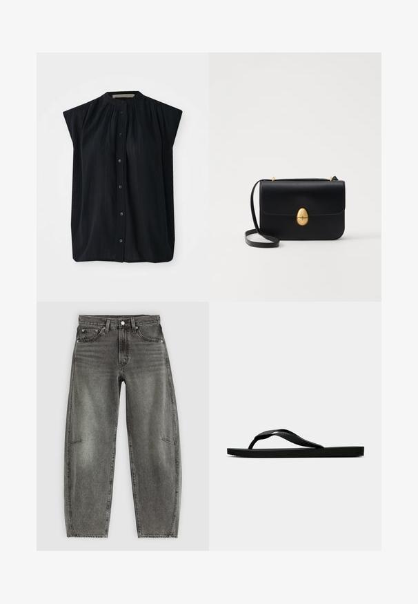 Camisa preta de manga curta com colarinho mandarin, apresentando pregas verticais e fecho frontal com botões. Tecido suave com uma textura lisa.; Jeans de ganga cinzentos com lavagem de cintura alta, com cinco bolsos, fecho de botão e um corte relaxado de perna reta.; Chinelo de borracha preta com uma tira texturada e sola plana simples, mostrado de lado num fundo claro.; Bolsa de mão em couro preto com uma forma rectangular estruturada. Apresenta um fecho oval dourado e uma alça para o ombro fina. Textura suave.