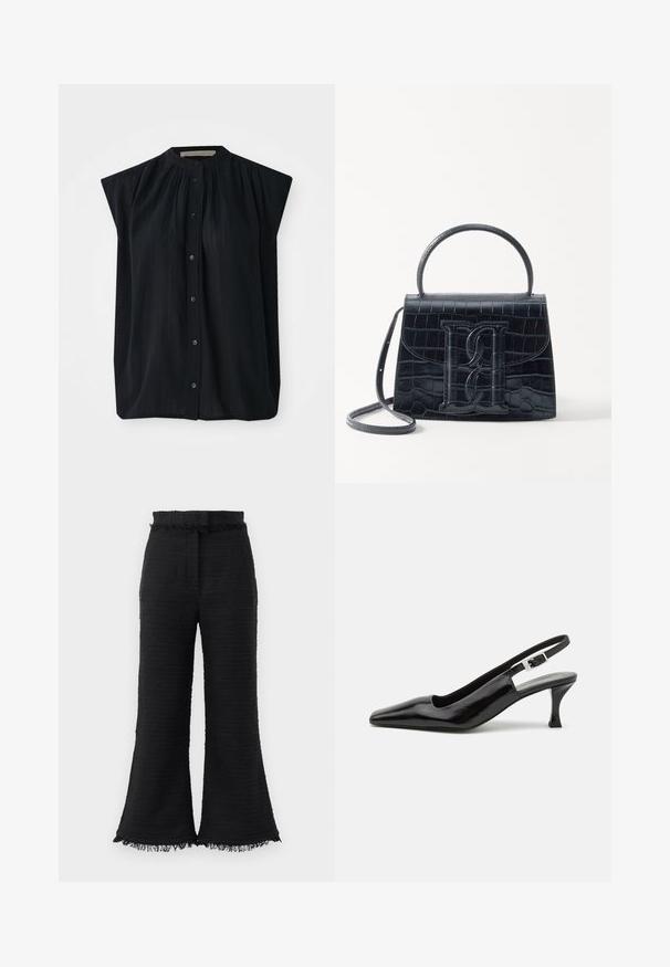 Mustad lühikeste varrukatega must särk, millel on mandariini krae, vertikaalne voldik ja täispikk nupukinnitus. Pehme kangas sileda tekstuuriga.; Mustad laiad püksid tekstuurse kanga, harustatud äärte ja elastse vöökohtaga. Disainil on sile viimistlus ja mugav lõige.; Must musta sanga kõrgema kontsaga kingad terava ninaga ja hõbedase pandlaga kannas, millel on sile ja läikiv viimistlus.; Must musta krokodillimustriga nahast käekott, millel on struktureeritud disain, ülemine käepide, reguleeritav rihm ja silmapaistev esiküljel logo detail.