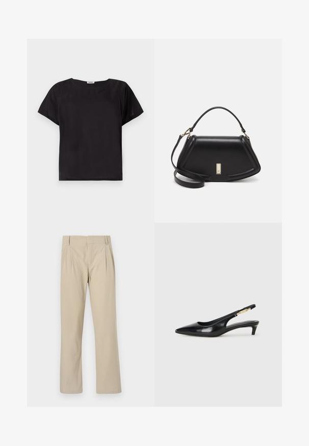 Black short-sleeve top with a relaxed fit, rounded neckline, smooth texture, and a simple, minimalist design. No visible patterns or accents.; Beige wide-leg trousers made of cotton blend; features pleats at the front, straight cut, and belt loops. Smooth texture, no patterns.; Black leather slingback heels with a pointed toe, featuring a slim heel and a gold-tone accent on the adjustable strap. Smooth texture.; Black leather handbag with a structured design, featuring a cropped shape, top handle, and gold hardware accent. Adjustable shoulder strap included.