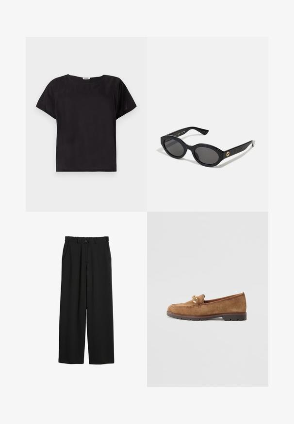 Sort t-shirt med korte ærmer, afslappet pasform, rund halsudskæring, glat tekstur og et enkelt, minimalistisk design. Ingen synlige mønstre eller dekorationer.; Sorte brede bukser lavet af glat stof, med elastisk talje, frontlommer og knaplukning i taljen.; Tamaris Loafers - camel; Sorte ovale solbriller med mørke linser og blank plastramme. Har et guldlogo på stykket, hvilket giver et slankt og moderne design.; Guld kegleformede ørestikker med en poleret finish og lille stift. Har en glat tekstur og reflekterende overflade.