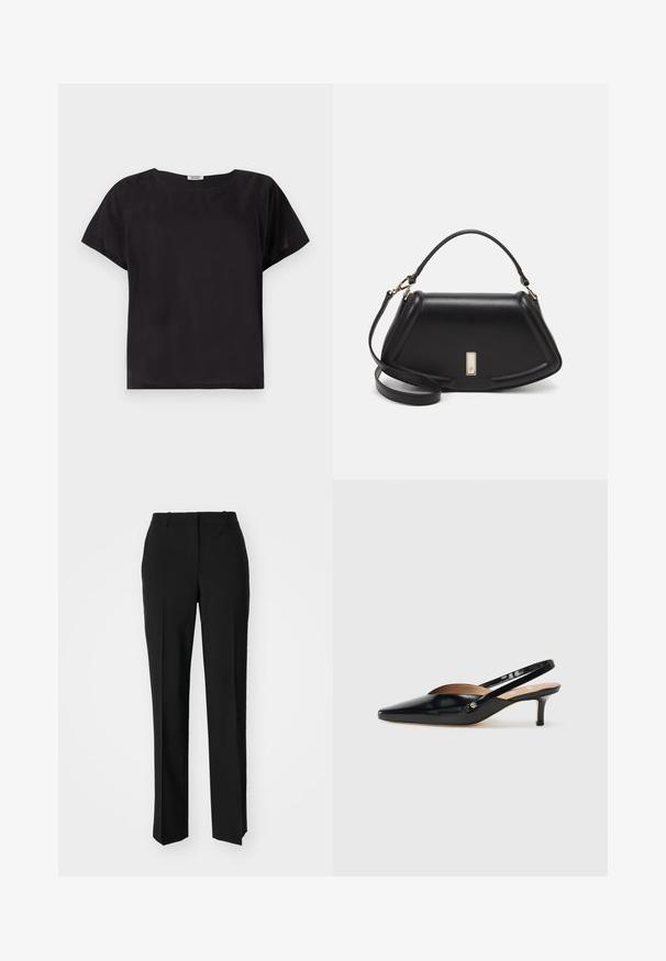 Black short-sleeve top with a relaxed fit, rounded neckline, smooth texture, and a simple, minimalist design. No visible patterns or accents.; Black tailored trousers with a straight-leg design, featuring a smooth texture and crisp creases along the front. No visible hardware.; Black patent leather slingback pump with a pointed toe, small heel, and a cutout design on the vamp. Gold-tone hardware accent on the side.; Black leather handbag with a structured design, featuring a cropped shape, top handle, and gold hardware accent. Adjustable shoulder strap included.