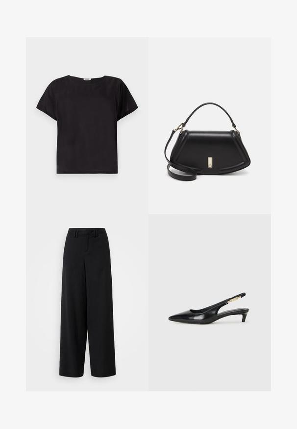 Sort t-shirt med korte ærmer, afslappet pasform, rund halsudskæring, glat tekstur og et enkelt, minimalistisk design. Ingen synlige mønstre eller dekorationer.; Sorte brede bukser lavet af glat stof, med en flad front, plisserede detaljer og bæltestropper i taljen.; Sorte læder slingback hæle med spids tå, der har en slank hæl og en guldfarvet detalje på den justerbare rem. Glat tekstur.; Sort læderhåndtaske med en struktureret design, der har en kortet form, tophåndtag og guld hardware-accenter. Justerbar skulderrem inkluderet.
