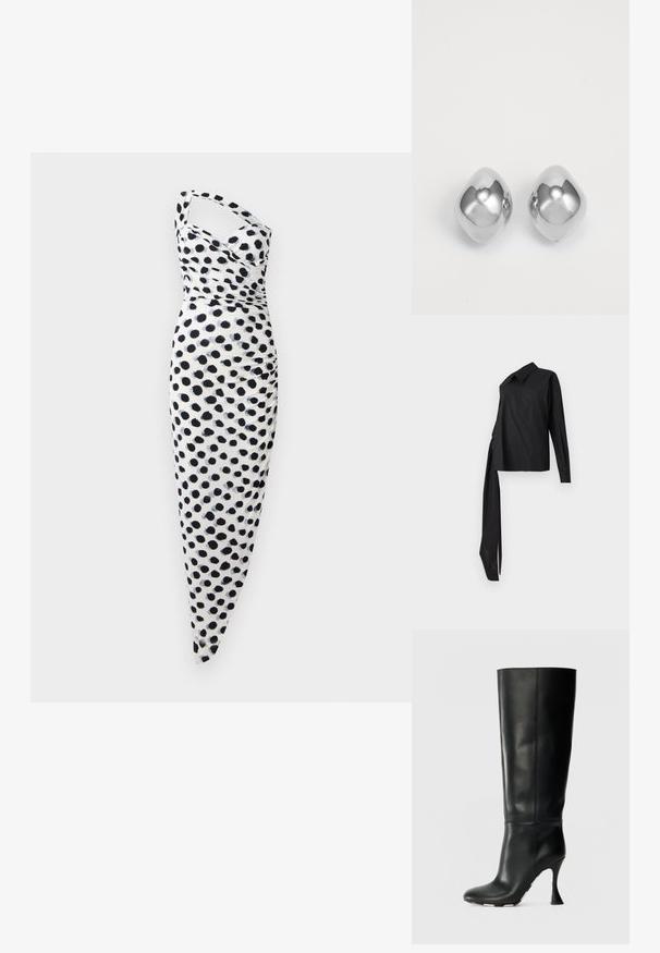 Czarna koszula z długim rękawem wykonana z gładkiego materiału, z kołnierzykiem, asymetrycznym krojem i długim wiązaniem z boku dla dodatkowego efektu.; Biała sukienka z jednym rękawem, ozdobiona czarnymi kropkami, o dopasowanym kroju z marszczeniami po bokach.; Krótką bluzkę z długim rękawem z elastycznego białego materiału z czarnym wzorem w kropki, o gładkiej fakturze i okrągłym dekolcie.; Czarne skórzane kozaki za kolano z dopasowaną cholewką i spiczastym noskiem. Posiadają charakterystyczny wygięty obcas i gładką, teksturowaną powierzchnię.; Srebrne kolczyki metalowe o gładkim, zaokrąglonym kształcie, z polerowanym wykończeniem i lustrową powierzchnią. Minimalistyczny design bez zdobień.