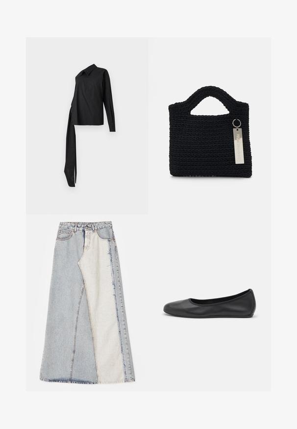 Černá košile s dlouhým rukávem vyrobená z hladké látky, s límcem, asymetrickým designem a dlouhou boční šňůrkou pro detaily.; Džínová sukně s patchwork vzorem obsahující světlé a středně modré části, roztrhané okraje a vysoký pas. Klasický pětikapsový styl.; Černé kožené baletní byty s kulatou špičkou, hladkou texturou, minimálními švy a flexibilním designem podrážky.; Won Hundred MARSIELLE COMPUTER BAG UNISEX - Taška na laptop - black