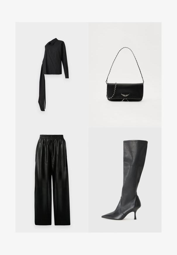 Schwarzes Langarmshirt aus glattem Stoff, mit Kragen, asymmetrischem Design und einem langen Seitenschal für Details.; Schwarze Leder-Hosen mit weitem Bein und elastischem Bund, ausgestattet mit zwei Seiten Taschen und einer glatten, glänzenden Oberfläche.; Knöchelhoche schwarze Lederstiefel mit einer spitzen Zehe und einem schlanken Stiletto-Blockabsatz. Glatte Textur mit einer enganliegenden Passform und Nähten am oberen Rand.; Schwarze Lederhandtasche mit einem silbernen Kettenriemen, verziert mit dekorativen Flügelakzenten und weißen Nähten entlang der unteren Naht.
