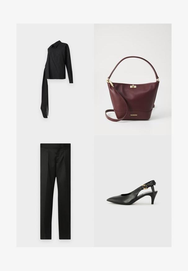 Zwarte lange mouwen shirt van gladde stof, met een kraag, asymmetrisch ontwerp en een lange zijknoop voor detail.; Zwarte broek van soepele stof, met een nauwsluitend ontwerp, rechte benen en een platte tailleband zonder zichtbare sluitingen of zakken.; Zwarte leren slingback pump met een puntige neus, kleine hak en een gesp detail op de enkelband. Glad textuur, minimalistisch ontwerp.; Bordeaux lederen handtas met een gestructureerde vorm, een platte bodem, een ronde handgreep en gouden accenten met een sluiting en logo-detail.