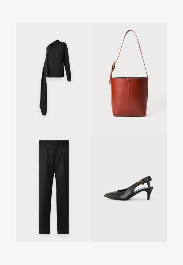 Mustassa pitkähihainen paita, joka on valmistettu sileästä kankaasta. Siinä on kaulus, epäsymmetrinen muotoilu ja pitkä sivunauha yksityiskohtana.; Mustat housut, joissa on sileä kangas, räätälöity muotoilu, suorat lahkeet sekä litteä vyötärö ilman näkyviä kiinnityksiä tai taskuja.; Musta nahka slingback-korkokenkä, jossa on teräväkärkinen muoto, pieni korko ja solk yksityiskohta nilkkahihnassa. Tasainen pinta, minimalistinen muotoilu.; Ruskea nahkainen ämpärilaukku, jossa on säädettävä olkahihna ja kultasävyinen solki, yksinkertainen pystysaumadesign etuosassa.