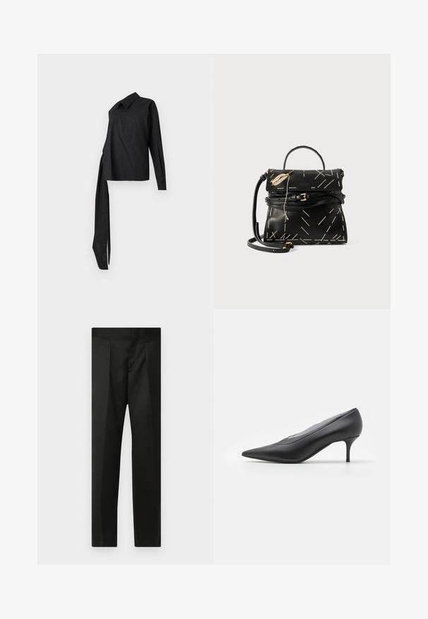 Čierna košeľa s dlhým rukávom vyrobená z hladkej tkaniny, so golierom, asymetrickým dizajnom a dlhým postranným viazaním pre detail.; Čierne nohavice s hladkým materiálom, strihom na mieru, rovnými nohavicami a plochým pásom bez viditeľných zapínaní alebo vreciek.; Čierna lodička s ostrou špičkou, vyrobená z hladkej kože. Má štíhlý opätok a minimalistický dizajn bez viditeľných ozdôb.; Čierna kožená kabelka s geometrickým bielym prešívaním, horným uchom a odnímateľným ramenným popruhom. Obsahuje zlaté akcenty a zipsové uzatváranie.