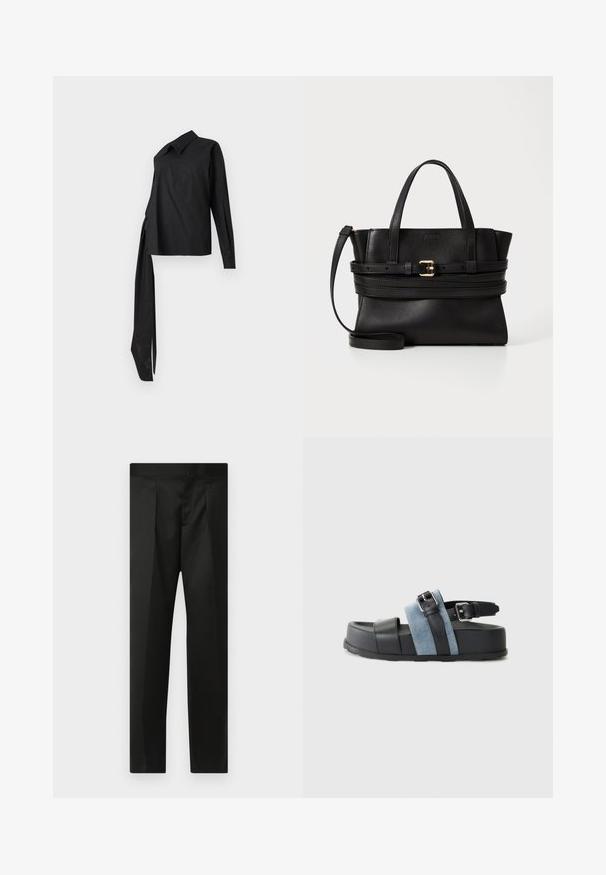 Juodas ilgomis rankovėmis marškinėliai, pagaminti iš lygios medžiagos, su apykakle, asimetrišku dizainu ir ilgu šonu surišimu kaip detalė.; Juodos kelnės su lygiu audiniu, pritaikytu dizainu, tiesiomis kojomis ir plokščiu juosmeniu be matomų užsegimų ar kišenių.; Juodas ir mėlynas sandalų modelis su storu platforma, pagamintas iš odos ir džinsinio audinio, su reguliuojamu sagtimi ir atviru pirštu.; Juodas odinis rankinukas su struktūrizuota forma, dviem viršutinėmis rankenomis, nuimamu dirželiu ir auksiniu užsegimu horizontalioje juostoje.
