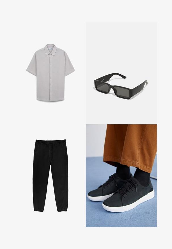 Hellgraues, kurzärmliges Hemd mit Knopfleiste und Kragen, aus strukturiertem Stoff mit dezentem Muster und Kunststoffknöpfen auf der Vorderseite.; Schwarze Hose mit elastischem Bund und Kordelzug, tapered Beinen, Seitentaschen und subtilen seitlichen Stickdetails. Weicher Baumwollstoff.; Schwarze Wildleder-Sneaker mit weißen Gummisohlen, mit Schnürdesign, strukturierten Akzenten und dezentem Branding, kombiniert mit braunen Hosen.; Schwarze Sonnenbrille mit rechteckigen Gläsern, mattem Kunststoffrahmen und geraden Kanten. Verfügt über das Markenlogo auf dem inneren Bügel.