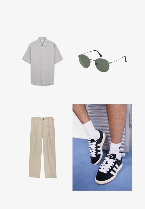 Hellgraues, kurzärmliges Hemd mit Knopfleiste und Kragen, aus strukturiertem Stoff mit dezentem Muster und Kunststoffknöpfen auf der Vorderseite.; Beige Hosen mit geradem Schnitt, ausgestattet mit einem einzelnen schwarzen Knopf, Gürtelschlaufen und Seitentaschen. Glatte Stofftextur und minimalistisches Design.; Schwarze Wildledersneaker mit weißen Schnürsenkeln und drei weißen Streifen. Verfügt über ein kreisförmiges schwarzes Logo auf der Zunge und eine Gummisohle.; Metallgestellte Sonnenbrille mit ovalen grünen Gläsern. Dünner silberner Metallrahmen und schwarze Ohrstücke. Minimalistisches Design, keine sichtbaren Logos.