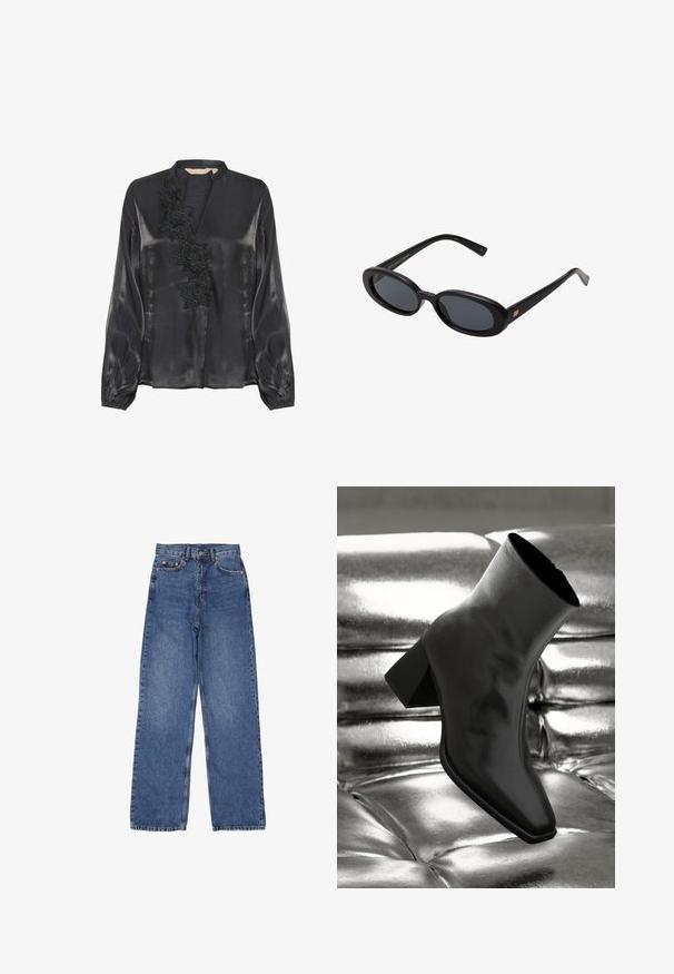Culture Blus - black; Jeans i denim med hög midja och vida ben, med en klassisk blå tvätt, synliga sömmar och metalldetaljer på framfickan.; Svarta ankelboots i glänsande material med fyrkantig tå och avsmalnande klack, placerade mot en glänsande silverfärgad vadderad bakgrund.; Svarta överdimensionerade solglasögon med ovala linser, slät plastbåge och guldaccent på bågarna. Mörka linser ger solskydd.