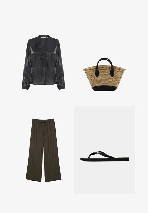 Culture Blus - black; Mörkbruna vida byxor med elastisk midja och justerbar dragsko. Gjorda av ett mjukt, lätt tyg.; Svart gummislip-in sandal med ett texturerat rem och enkel platt sula, visas från sidan på en enkel ljus bakgrund.; Vävd halmkorg med en utflutad form, som har en svart läderbotten och handtag. Texturerade naturliga fibrer med släta svarta accenter.